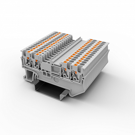 Проходная клемма UPT-1.5/2-2-GY - Проходная клемма, 4 точки подключения, тип фиксации провода: Push-in, номинальное сечение: 1,5 мм кв., 500V, 17,5A, ширина: 3,5 мм, цвет: серый, тип монтажа: DIN35