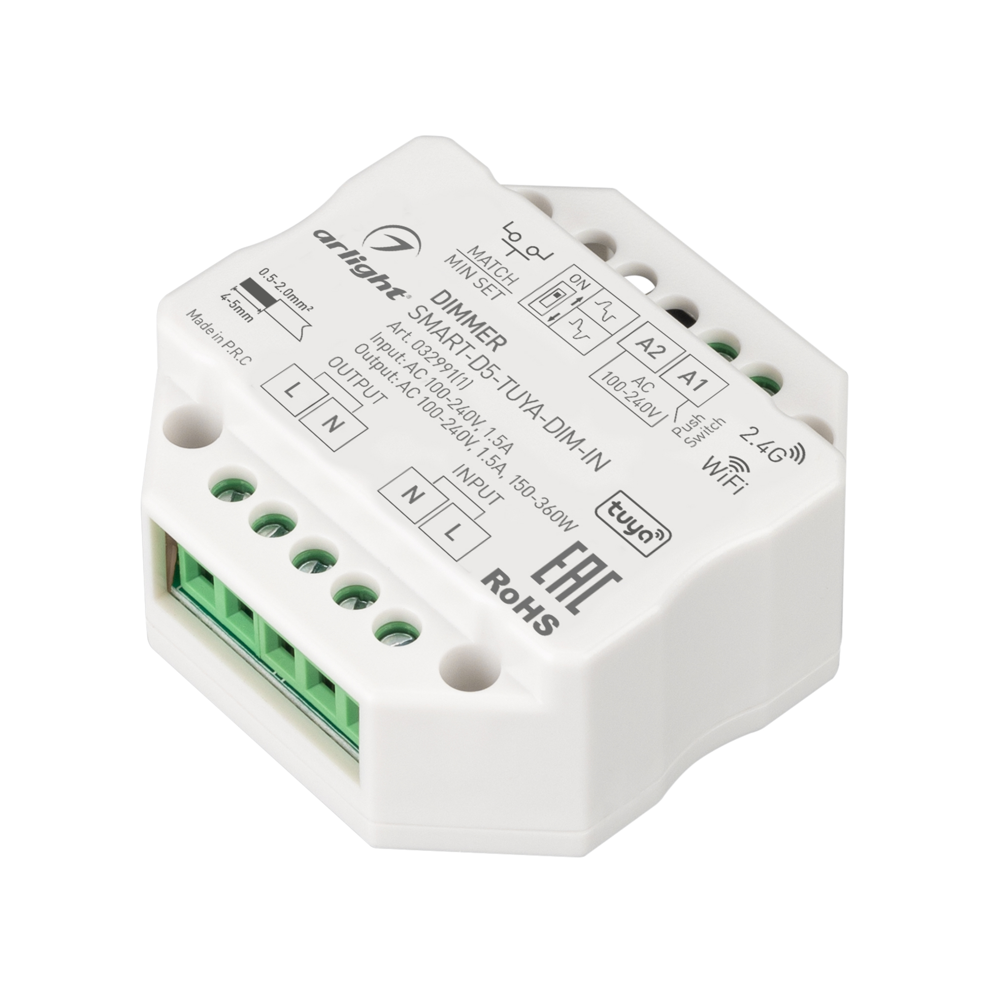 Диммер SMART-D5-TUYA-DIM-IN (230V, 1.5A, TRIAC, WiFi, 2.4G) 032991(1) - TRIAC диммер, предназначенный для управления диммируемыми источниками света с напряжением питания 230В. Управляется пультами и панелями серии SMART. Поддерживает функцию Push-Dim. Инт