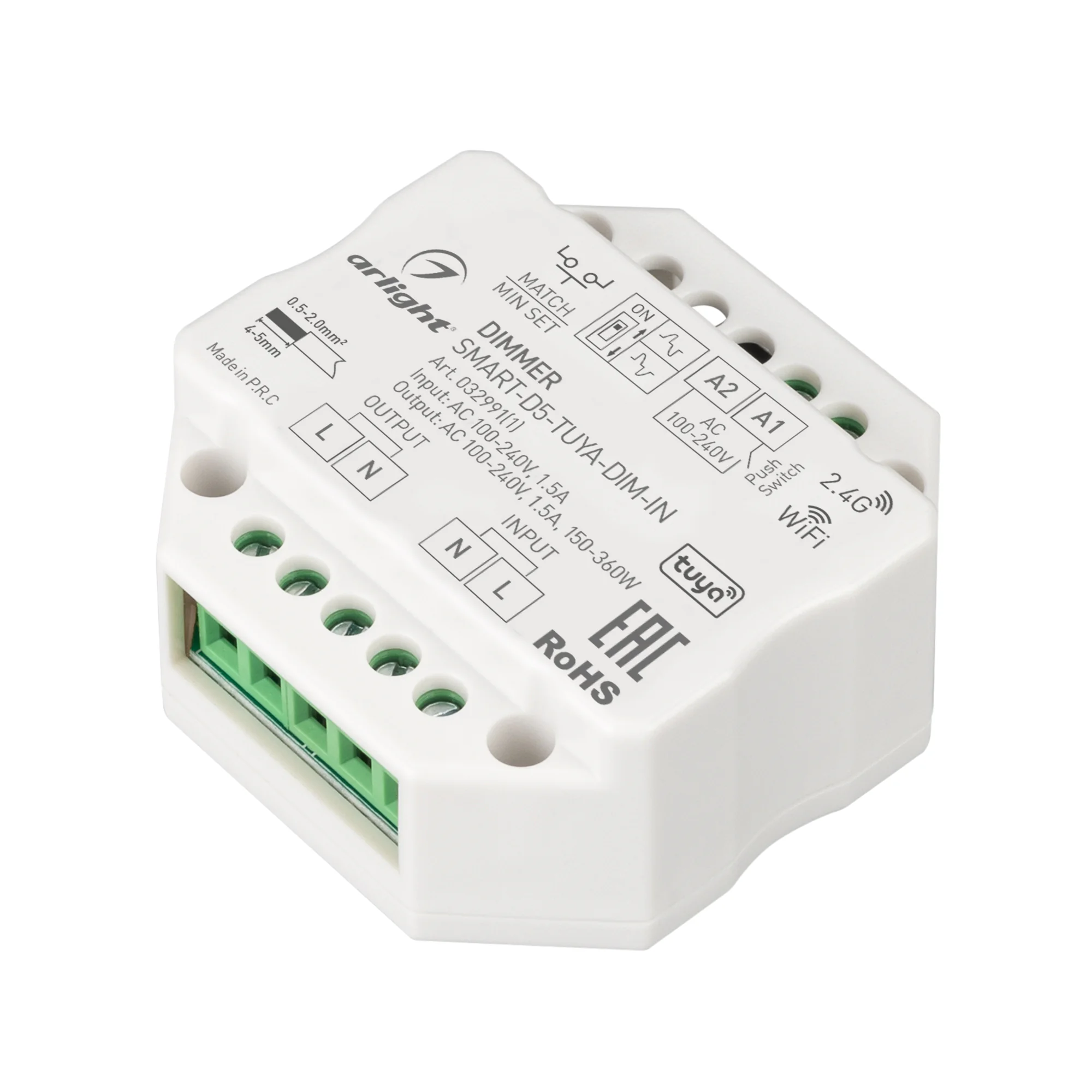 Диммер SMART-D5-TUYA-DIM-IN (230V, 1.5A, TRIAC, WiFi, 2.4G) 032991(1) - TRIAC диммер, предназначенный для управления диммируемыми источниками света с напряжением питания 230В. Управляется пультами и панелями серии SMART. Поддерживает функцию Push-Dim. Инт