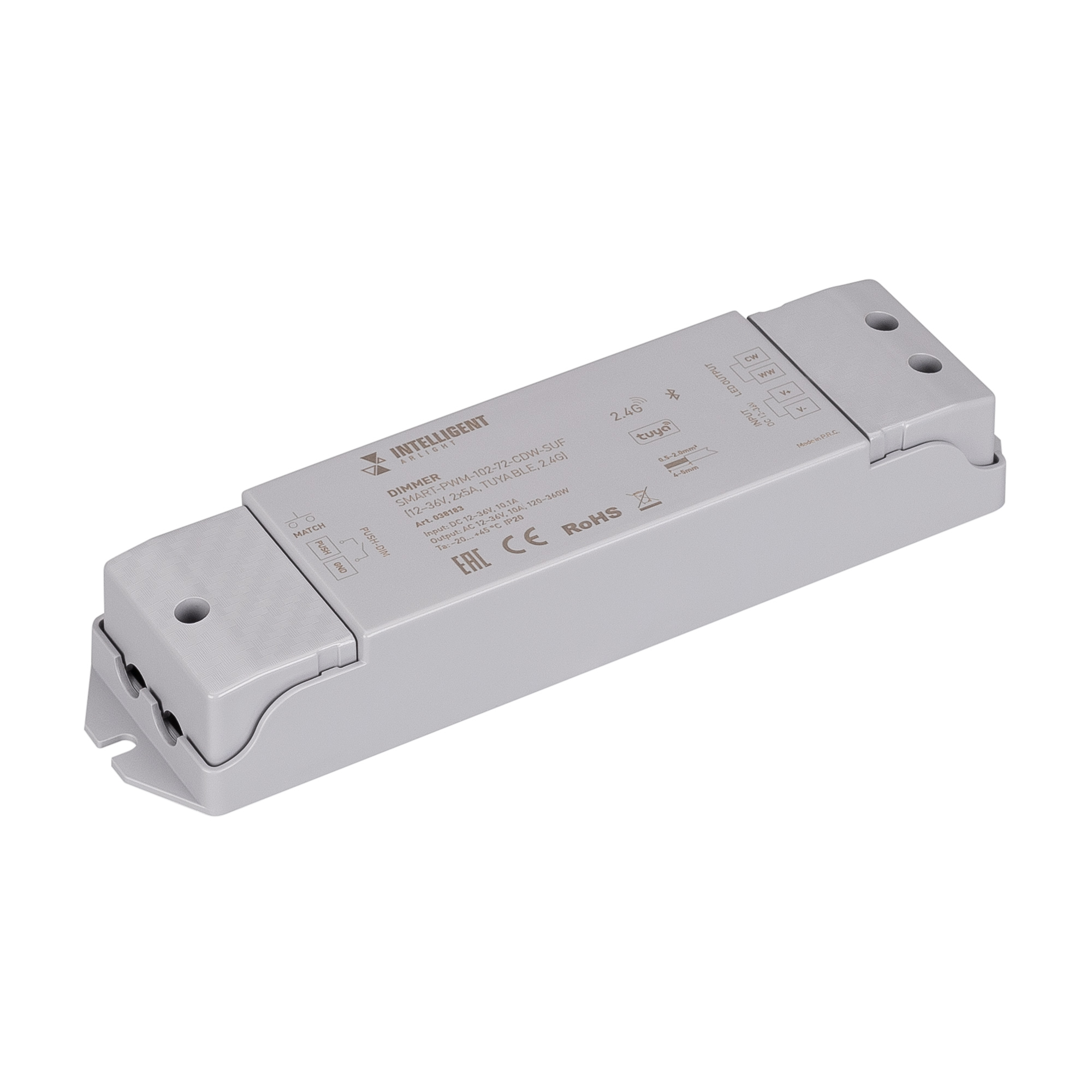 INTELLIGENT ARLIGHT Диммер SMART-PWM-102-72-CDW-SUF (12-36V, 2x5A, TUYA BLE, 2.4G) 038183 - Контроллер для светодиодной биполярной CDW ленты (2 провода), управляемый по 2.4G+Bluetooth (SIG MESH), интерфейс TUYA, совместим с приложением INTELLIGENT ARLIGHT