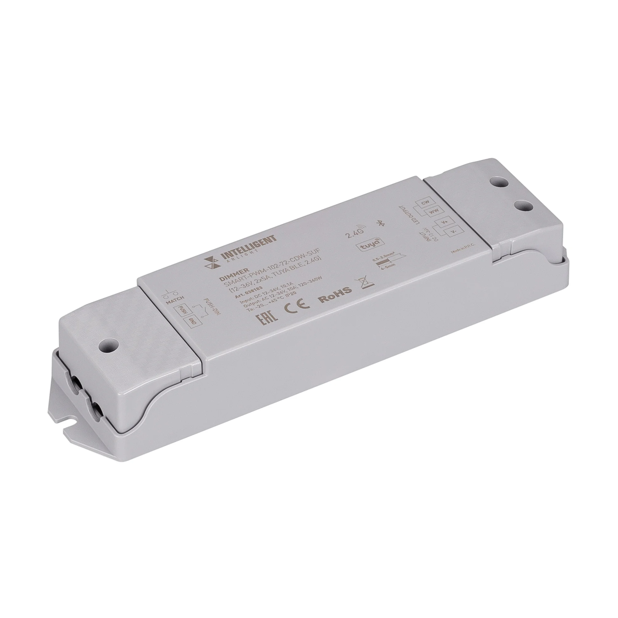 INTELLIGENT ARLIGHT Диммер SMART-PWM-102-72-CDW-SUF (12-36V, 2x5A, TUYA BLE, 2.4G) 038183 - Контроллер для светодиодной биполярной CDW ленты (2 провода), управляемый по 2.4G+Bluetooth (SIG MESH), интерфейс TUYA, совместим с приложением INTELLIGENT ARLIGHT