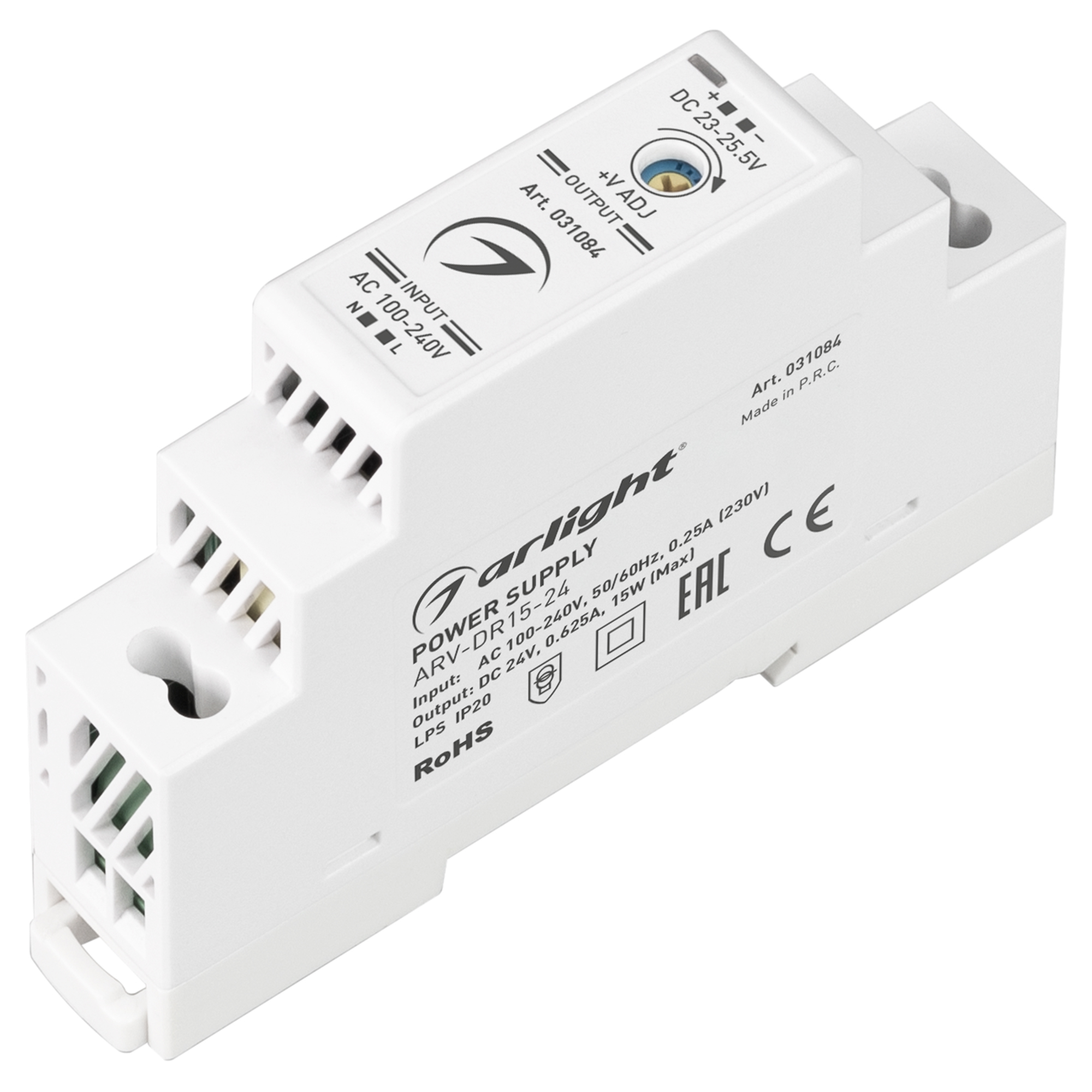 Блок питания ARV-DR15-24 (24V, 0.63A, 15W) 031084 - Источник напряжения с гальванической развязкой для светодиодных изделий. Входное напряжение 100-240 VAC. Выходные параметры: 24 В, 0.625 А, 15 Вт. Негерметичный пластиковый корпус IP 20 для установки на 