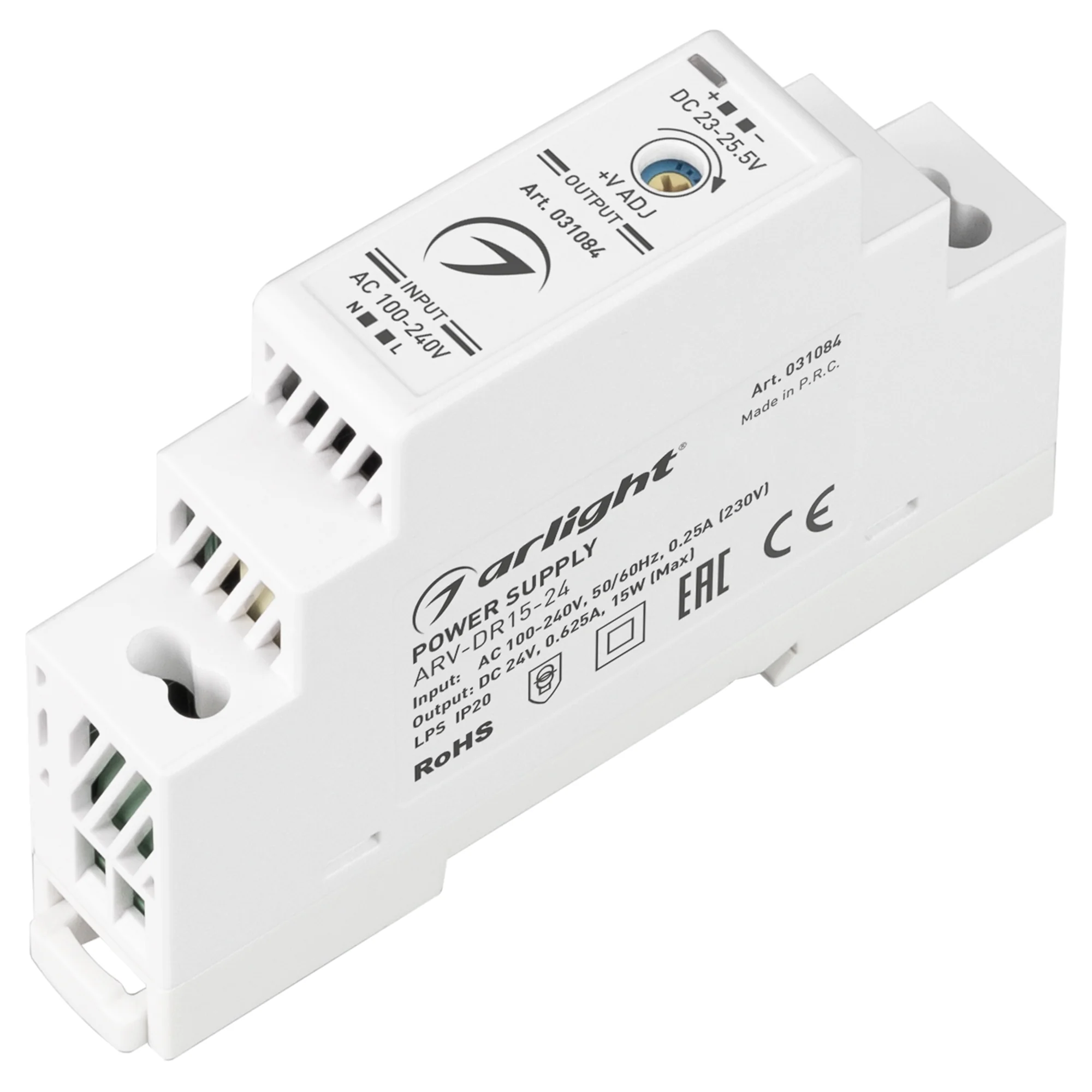 Блок питания ARV-DR15-24 (24V, 0.63A, 15W) 031084 - Источник напряжения с гальванической развязкой для светодиодных изделий. Входное напряжение 100-240 VAC. Выходные параметры: 24 В, 0.625 А, 15 Вт. Негерметичный пластиковый корпус IP 20 для установки на 