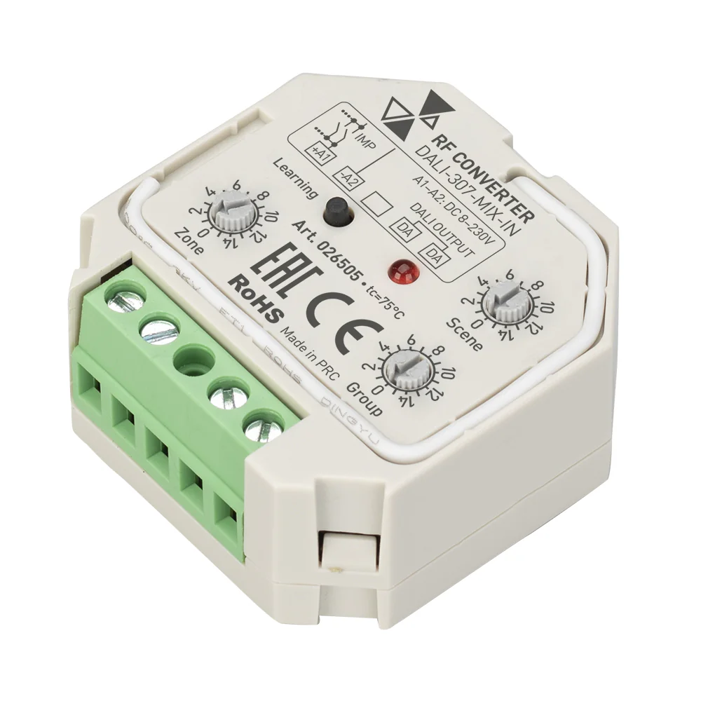 INTELLIGENT ARLIGHT Конвертер RF-сигнала DALI-307-MIX-IN (DALI-BUS, RF, PUSH) 026505 - Конвертер радиосигнала для шины DALI. Предназначен для использования с MIX-пультами и радиопанелями серии SR-1009*. Питание по шине DALI. Возможна привязка к определенн