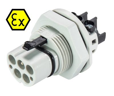 Разъем RST20I5SXS1 M01V GL - Взрывозащищенный вилочный разъем в панель, М25, IP68(69k), 5 полюсов, винтовая фиксация провода, номинальные характеристики: 250/400V, 20A, цвет: белый, серия RST Ex