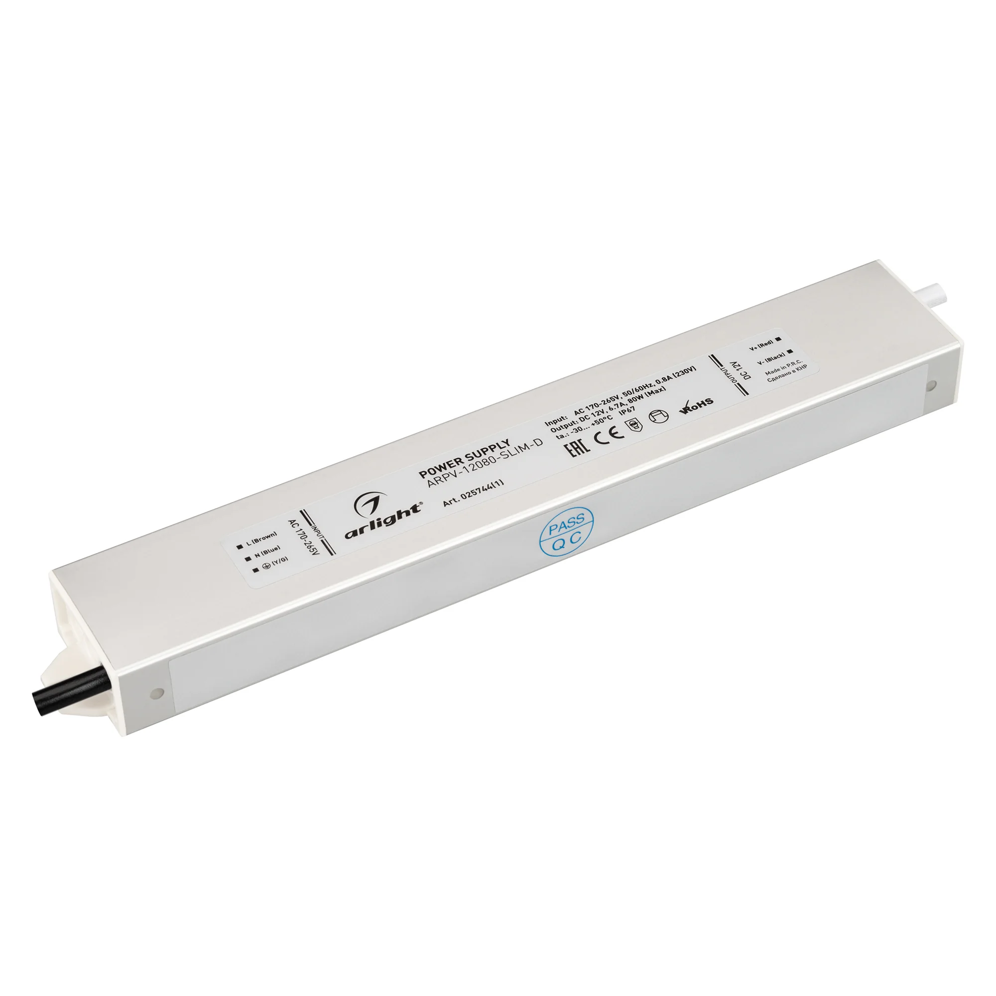Блок питания ARPV-12080-SLIM-D (12V, 6.7A, 80W) 025744(1) - Источник напряжения с гальванической развязкой для светодиодных изделий. Входное напряжение 170-265 VAC. Выходные параметры: 12 В, 6,7 А, 80 Вт. Встроенный PFC >0,5. Герметичный алюминиевый корпу
