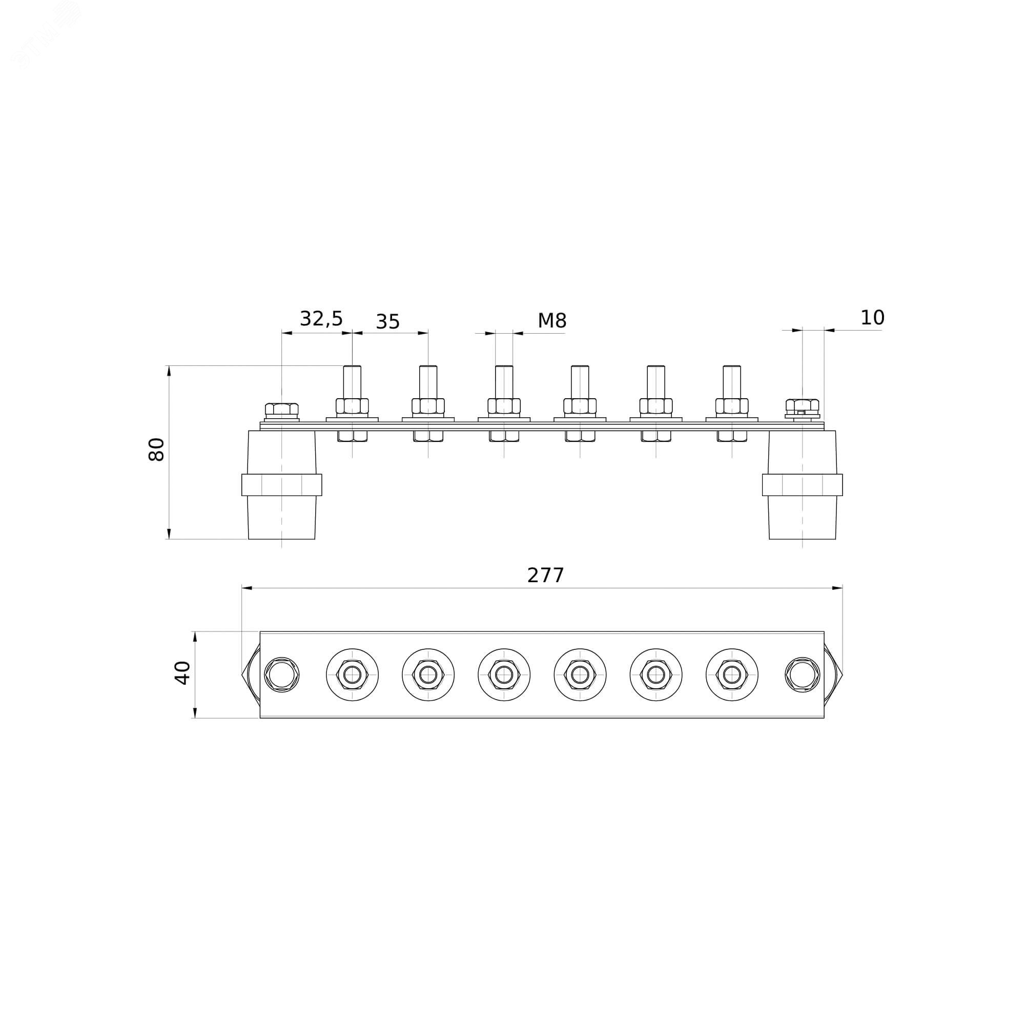 Главная заземляющая шина с изоляторами, 6 подключений, медь NE2006