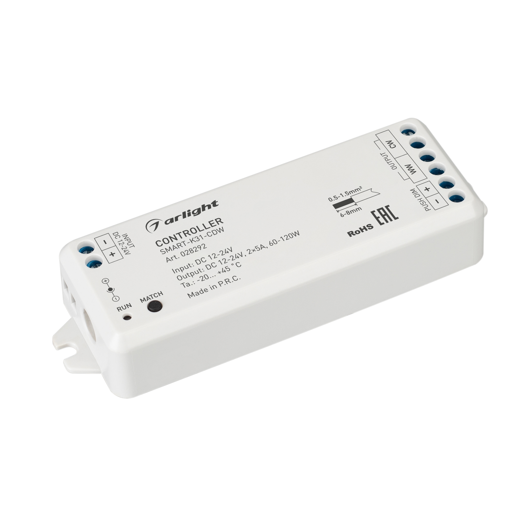 Контроллер SMART-K31-CDW (12-24V, 2x5A, 2.4G) 028292 - Контроллер для светодиодной биполярной CDW ленты (2 провода). Питание/рабочее напряжение 12-24VDC, максимальный ток 5A на канал, 2 канала, максимальная мощность 60-120W на канал. Винтовые клеммы. Корп