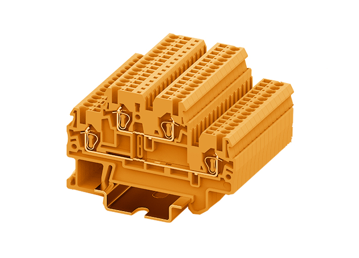 Этажная клемма TCD1.5-2-OG - Этажная клемма, тип фиксации провода: пружинный, номинальное сечение: 1,5 мм кв., 16A, 500V, ширина: 3,5 мм, цвет: оранжевый, тип монтажа: DIN 35