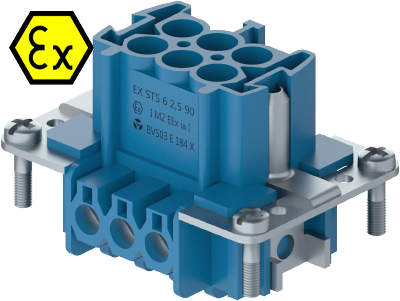 Контактная вставка 72.310.0653.9 - Вилочная контактная вставка взрывозащищенного разъема REVOS Ex, Size 6, винтовая фиксация, с защитой провода, 6 полюсов + РЕ, 90 V, до 16 A, материал контактов: медный сплав, тип покрытия контактов: олово