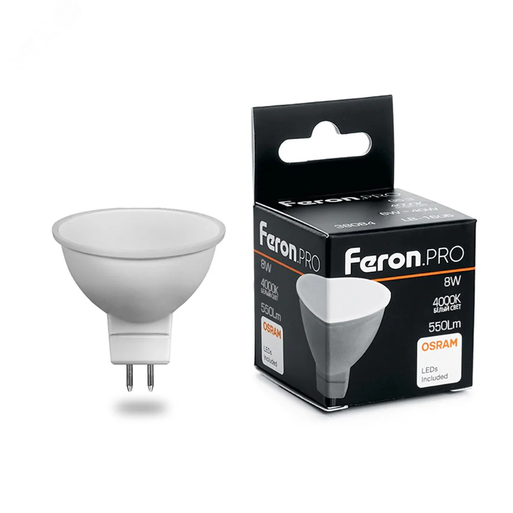 Лампа светодиодная LED 8вт 230в GU5.3 белый Feron.PRO 38090