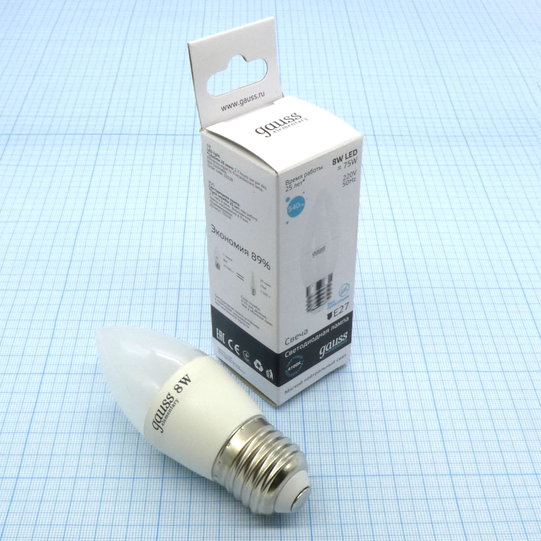 Лампа LED Gauss 8W хол свеча (259) - E27,4100K,100*37,540Lm