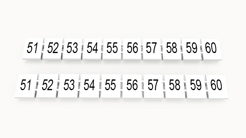 Марк.  полоска ZB8-10P-19-11Z(H) - Маркировочные шильдики для клемм WS…, DC…, PC…, сечением 6 мм кв., центральная, 10 шильдиков нанесенные символы: 51-60, с вертикальным расположением, размер шильдика: 7,45х10,7 мм, цвет белый
