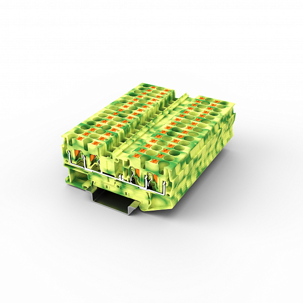 Заземляющая клемма UPT-4/2-2PE - Заземляющая клемма, 4 точки подключения, тип фиксации провода: Push-in, номинальное сечение: 4 мм кв., 800V, ширина: 6,2 мм, цвет: желто-зеленый, тип монтажа: DIN35