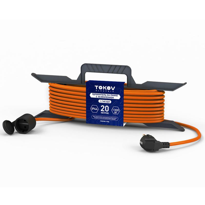 Удлинитель-шнур на рамке 1х20м с заземл. 6А IP44 3х0.75 с защ. крышкой TKE-SR20-075-Z