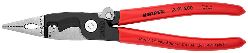 Инструмент для снятия изоляции KN-1391200 - Многофункциональный инструмент для захвата и удержания, резки кабеля, снятия  изоляции, обжима гильз и наконечников, с пластмассовыми рукоятками, длина 200мм