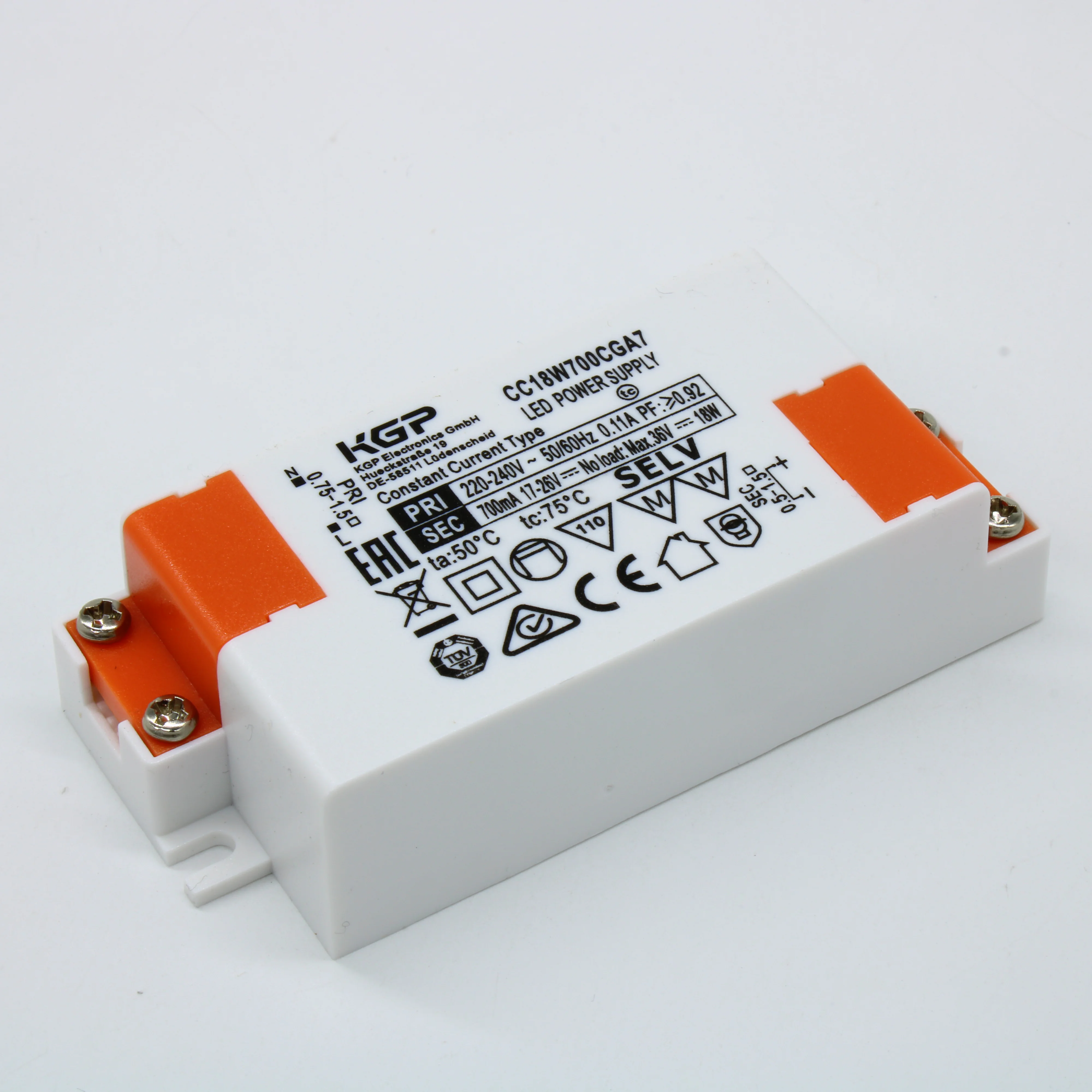 CC18W700CGA7 - AC-DC, 18Вт, токовый выход, вход 198…264В AC, выход 700мА/17…26В, ККМ, в кожухе 88,5х41,3х23мм, -20…+50°С