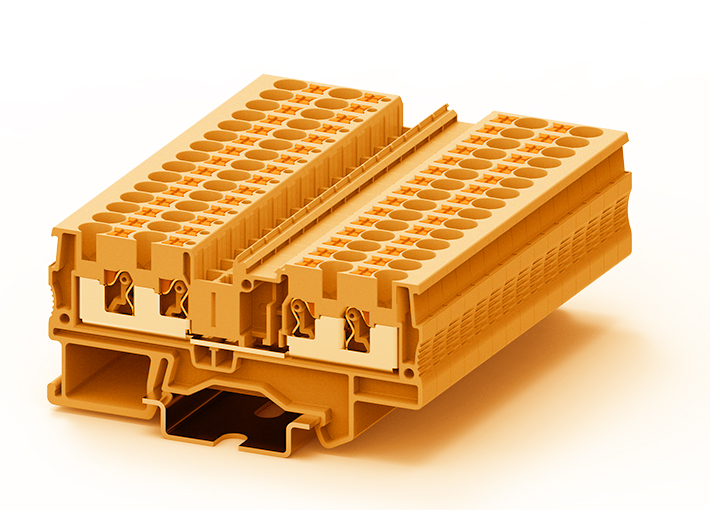 Проходная клемма TP4-4-OG - Проходная клемма, 4 точки подключения, push-in, номинальное сечение: 4 мм кв., 32A, 800V, ширина: 6,2 мм, цвет: оранжевый, тип монтажа: DIN