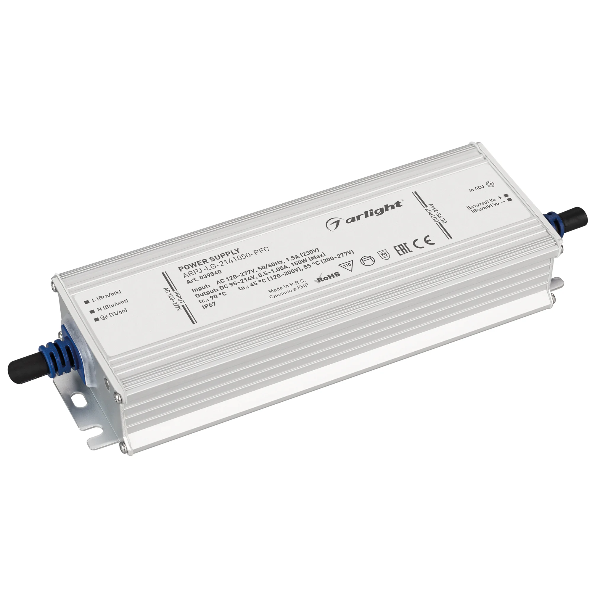 Блок питания ARPJ-LG-2141050-PFC (150W, 95-214V, 0.5-1.05A) 039540 - Источник тока с гальванической развязкой для светильников и мощных светодиодов. Входное напряжение 120-277 VAC. Выходные параметры: 95-214 В, 500-1050mА (регулировка встроенным потенциом
