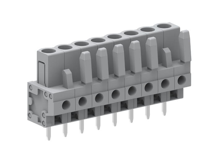 Вилочный разъем на плату 450252 - Вилочный разъем, вертикальный, на плату, шаг: 5.0 мм, 2 полюса, фиксация на плате пайкой, исполнение: стандартное, 320V, 12A, цвет: серый