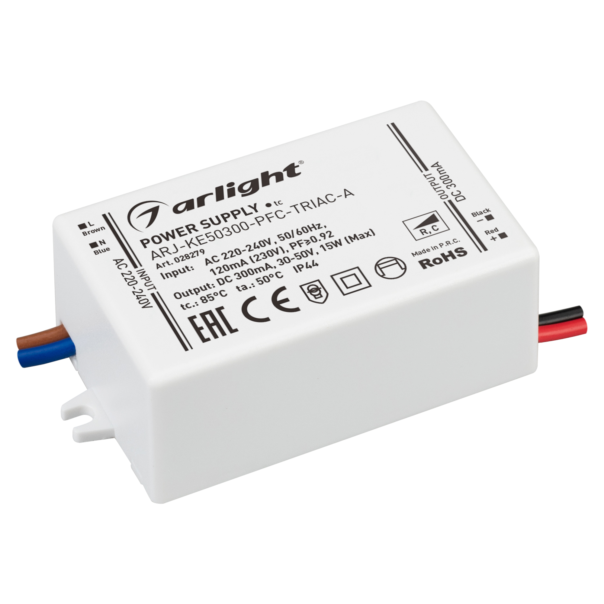 Блок питания ARJ-KE50300-PFC-TRIAC-A (15W, 300mA) 028279 - Диммируемый источник тока по стандарту TRIAC с гальванической развязкой для светильников и мощных светодиодов. Входное напряжение 220-240 VAC. Выходные параметры: 30-50 В, 300 mА, 15 Вт. Встроенны