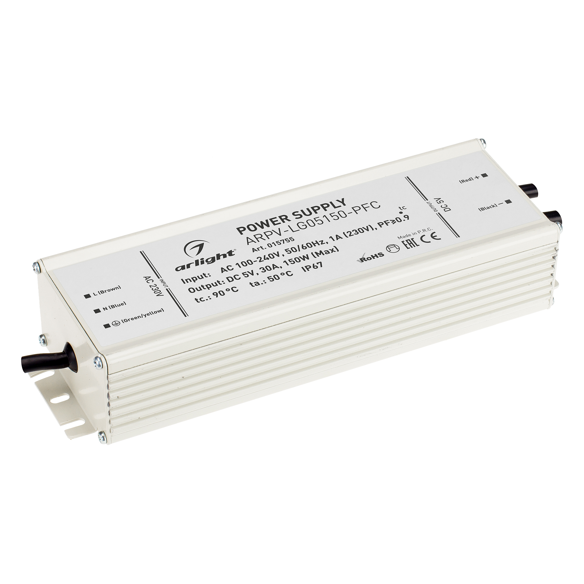Блок питания ARPV-LG05150-PFC (5V, 30.0A, 150W) 015755 - Источник напряжения с гальванической развязкой для светодиодных изделий. Входное напряжение 100-240 VAC. Выходные параметры: 5 В, 30 А, 150 Вт. Встроенный PFC >0,95. Герметичный алюминиевый корпус I