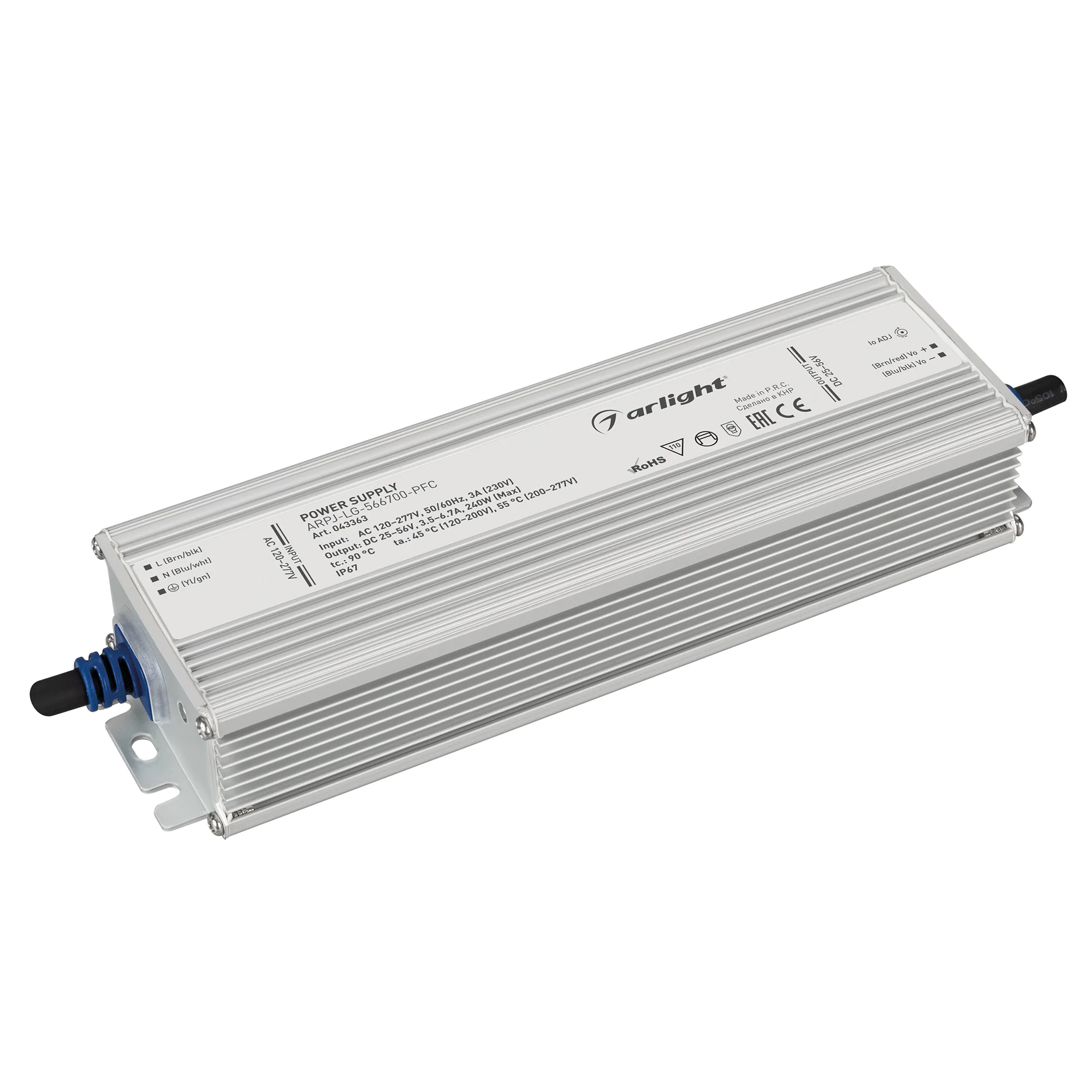 Блок питания ARPJ-LG-566700-PFC (240W, 25-56V, 3.5-6.7A) 043363 - Источник тока с гальванической развязкой для светильников и мощных светодиодов. Входное напряжение 120-277 VAC. Выходные параметры: 25-56 В, 3500-6700mА (регулировка встроенным потенциометр