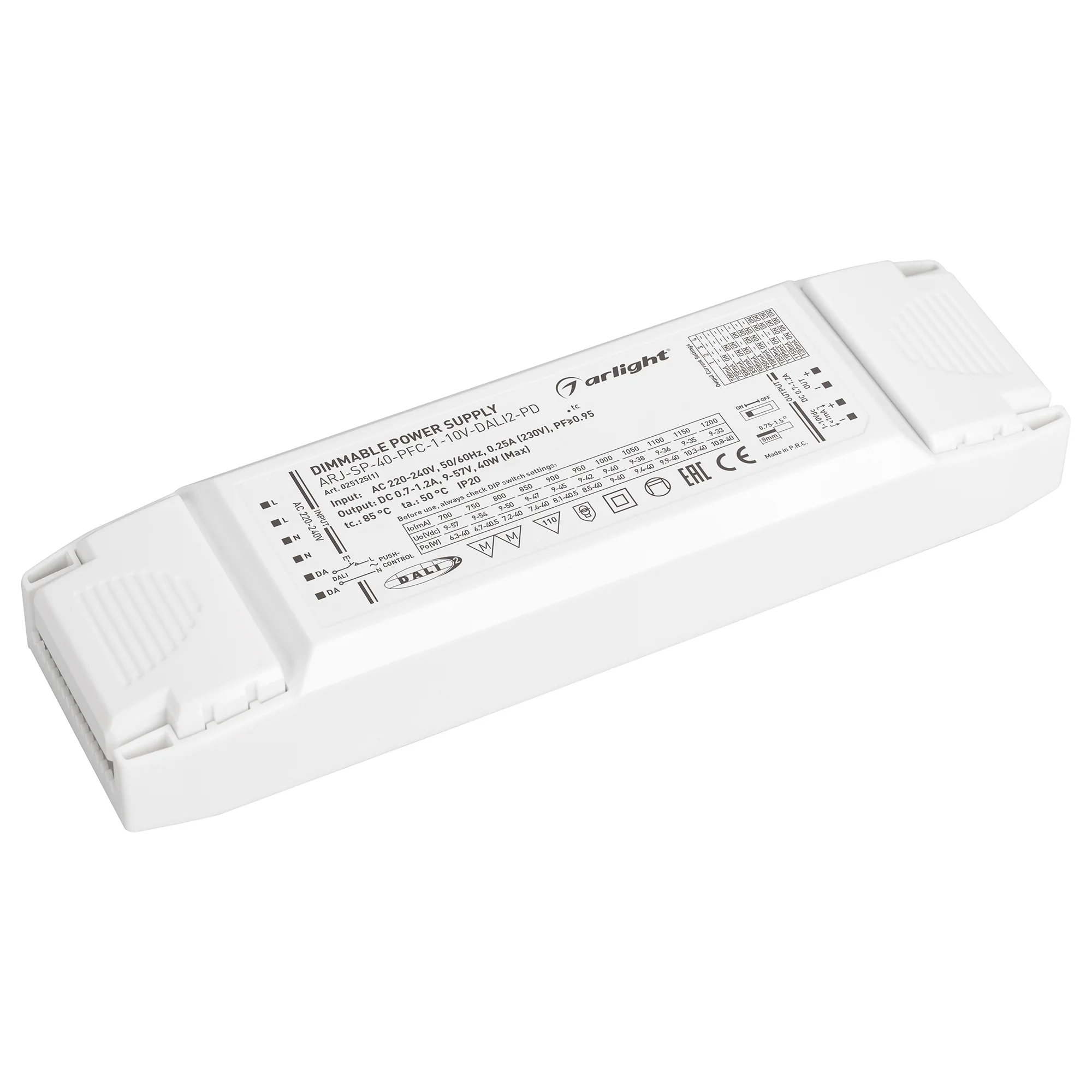 Блок питания ARJ-SP-40-PFC-1-10V-DALI2-PD (40W, 700-1200mA) (IP20 Пластик, 5 лет)