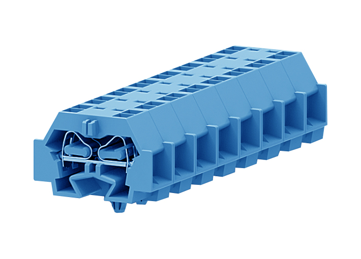 Клемма мини 242344 - Мини клемма, боковой подвод кабеля, 4 точки подключения в клемме, тип фиксации провода: пружинный, номинальное сечение: 4 мм кв., 24A, 630V, цвет: синий, тип монтажа: защелки в панель