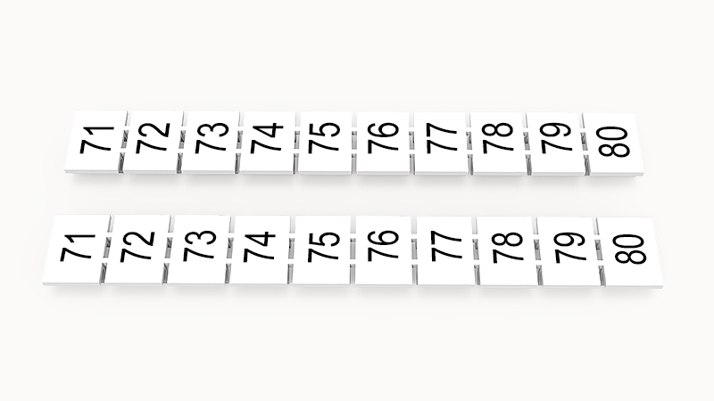 Марк.  полоска ZB8-10P-19-125Z(H) - Маркировочные шильдики для клемм WS…, DC…, PC…, сечением 6 мм кв., центральная, 10 шильдиков нанесенные символы: 71-80, с горизонтальным расположением, размер шильдика: 7,45х10,7 мм, цвет белый