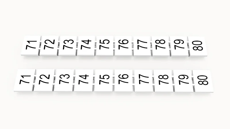 Марк.  полоска ZB8-10P-19-125Z(H) - Маркировочные шильдики для клемм WS…, DC…, PC…, сечением 6 мм кв., центральная, 10 шильдиков нанесенные символы: 71-80, с горизонтальным расположением, размер шильдика: 7,45х10,7 мм, цвет белый