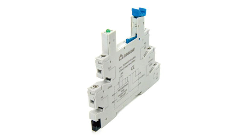 Колодка для реле DPSF05E-E1 - Колодка для реле DRPS-1C-D60, 6A, 250V, фиксация провода: зажимная клетка, с защитой от прикосновения, пластик, цвет: серый монтаж на DIN рейку