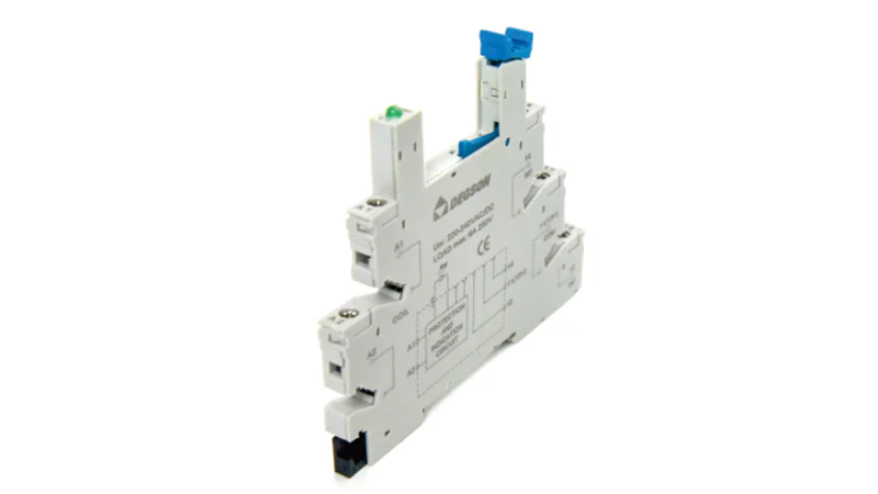Колодка для реле DPSF05E-E1 - Колодка для реле DRPS-1C-D60, 6A, 250V, фиксация провода: зажимная клетка, с защитой от прикосновения, пластик, цвет: серый монтаж на DIN рейку