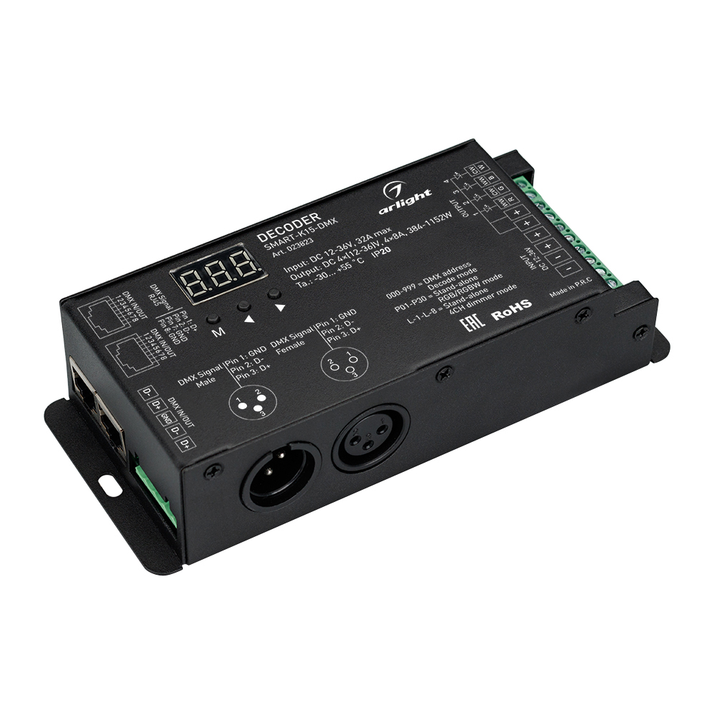 Декодер SMART-K15-DMX (12-36V, 4x8A) 023823 - Декодер DMX512 для трансляции DMX512 сигнала ШИМ(PWM) устройствам. Питание 12-36VDC. 4 канала, ток нагрузки 4x8A, мощность нагрузки 384-1152W. Входной сигнал DMX512, выходной сигнал ШИМ(PWM). XLR3 разъем подкл