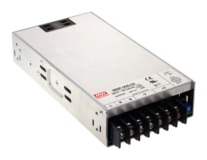 MSP-300-12 - AC-DC, med, ККМ, 324Вт, вход 85…264В AC, 47…63Гц /120…370В DC, выход 12В/27A,  рег. вых 10.2…13.8В, изоляция 4000В AC, в кожухе 199х105х41мм, -40…+70°С, доп. выход 5В/0.3А