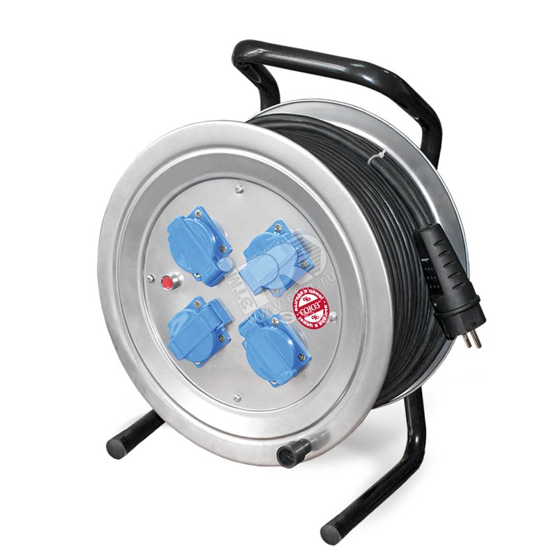 Удлинитель силовой ТМ Союз на металлической катушке 4 гнезда 4000 Вт с защитной крышкойкг IP-44 30м 481S-4003.