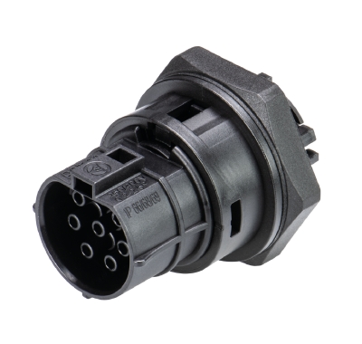 Разъем RST20I7S 11 M02V SW - Розеточный разъем в панель, М32, IP68(69k), 7 полюсов, винтовая фиксация провода, продольное уплотнение контактов, номинальные характеристики: 250/400V, 20A, цвет: черный, серия RST Classic