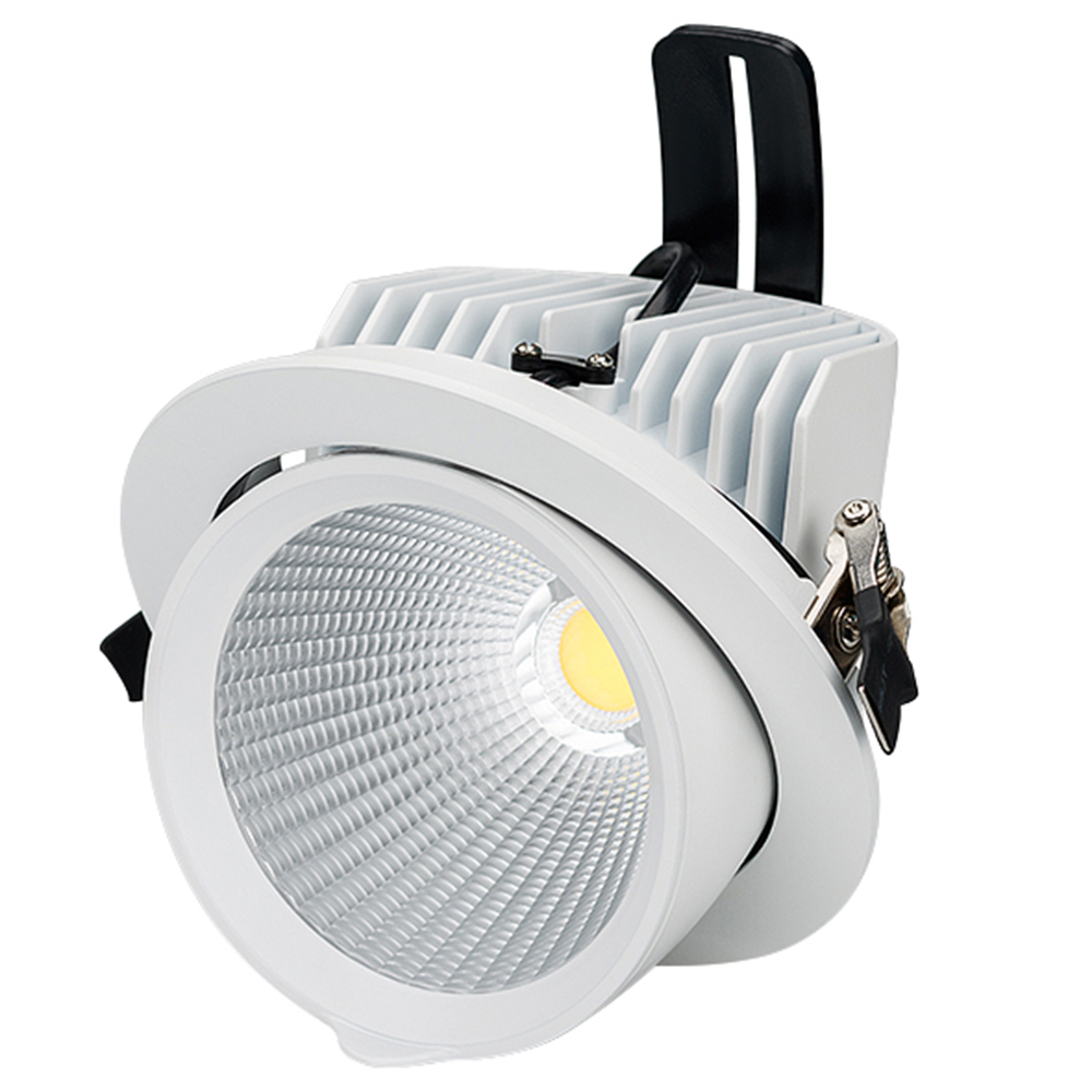 Светильник LTD-150WH-EXPLORER-30W Day White 38deg 023683 - Встраиваемый поворотно-выдвижной светильник. Мощность 30 Вт, св. поток 2200-2500 лм, 73-84 лм/Вт, дневной 4000 K, CRI>90, угол 38°, напряжение питания 230 В. Белый круглый корпус из алюминия, экра