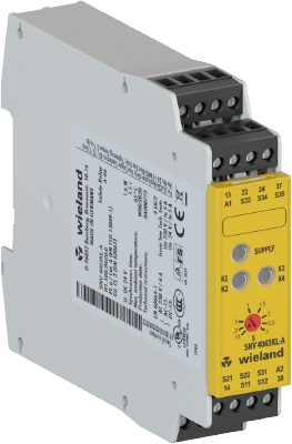 Реле безопасности SNV4063KL-A 30S - Реле безопасности  SNV4063KL-A.одноканальное или двухканальное управление, автоматический/ручной сброс с контролем переключателя сброса, 2 цепи мгновенного переключения, 1 цепь включения с задержкой отключения, 1,5–30 с