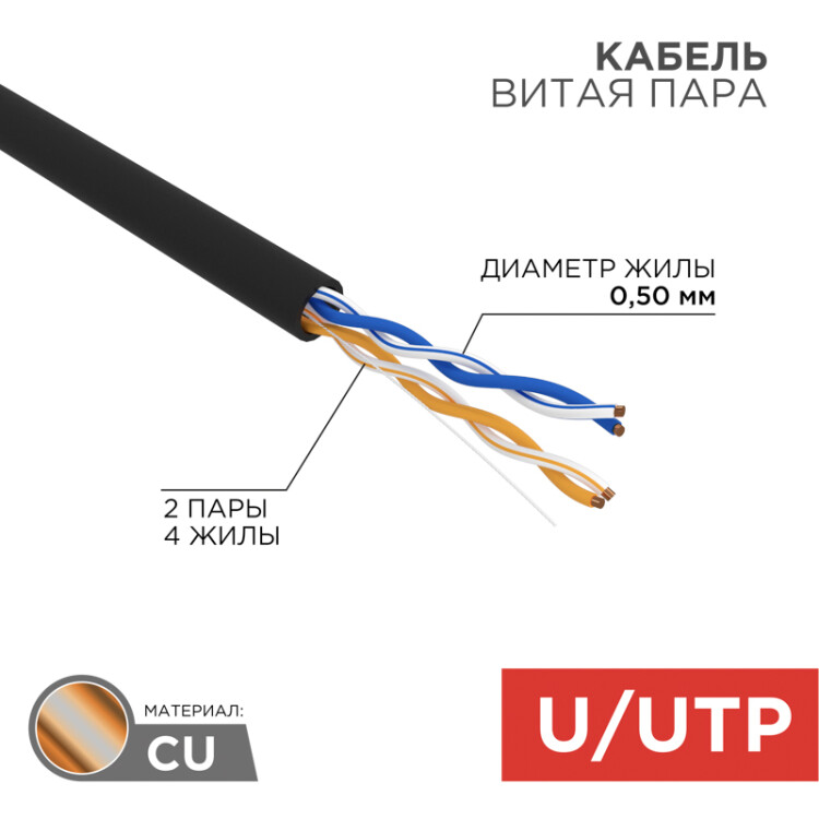 Кабель витая пара  UTP 2PR 24AWG - внешний без экрана, CAT5e, одножильный, бухта 305м