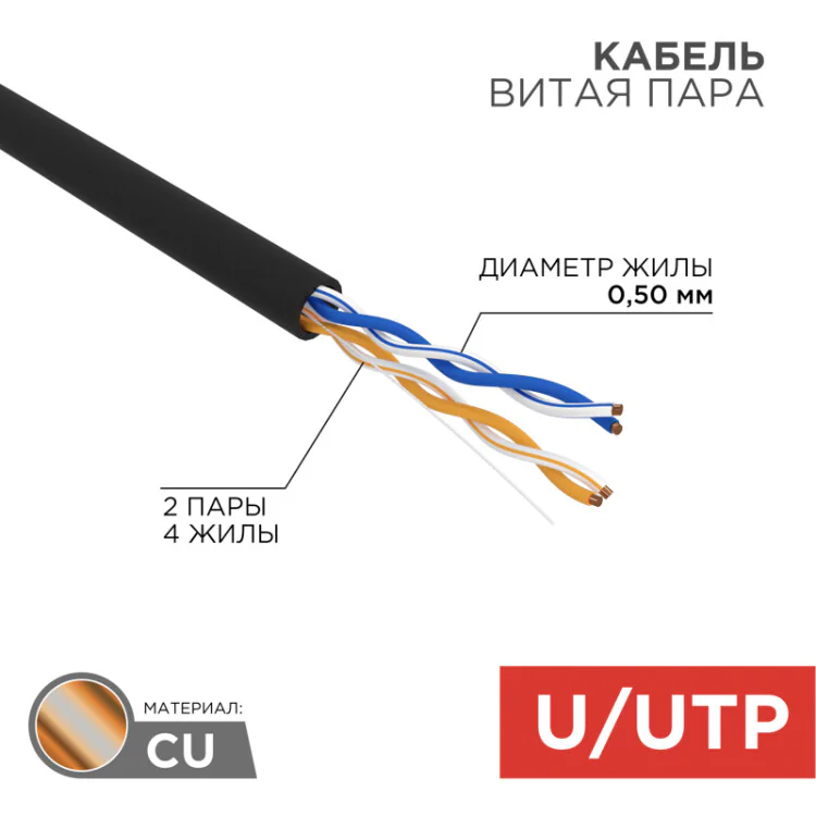 Кабель витая пара  UTP 2PR 24AWG - внешний без экрана, CAT5e, одножильный, бухта 305м