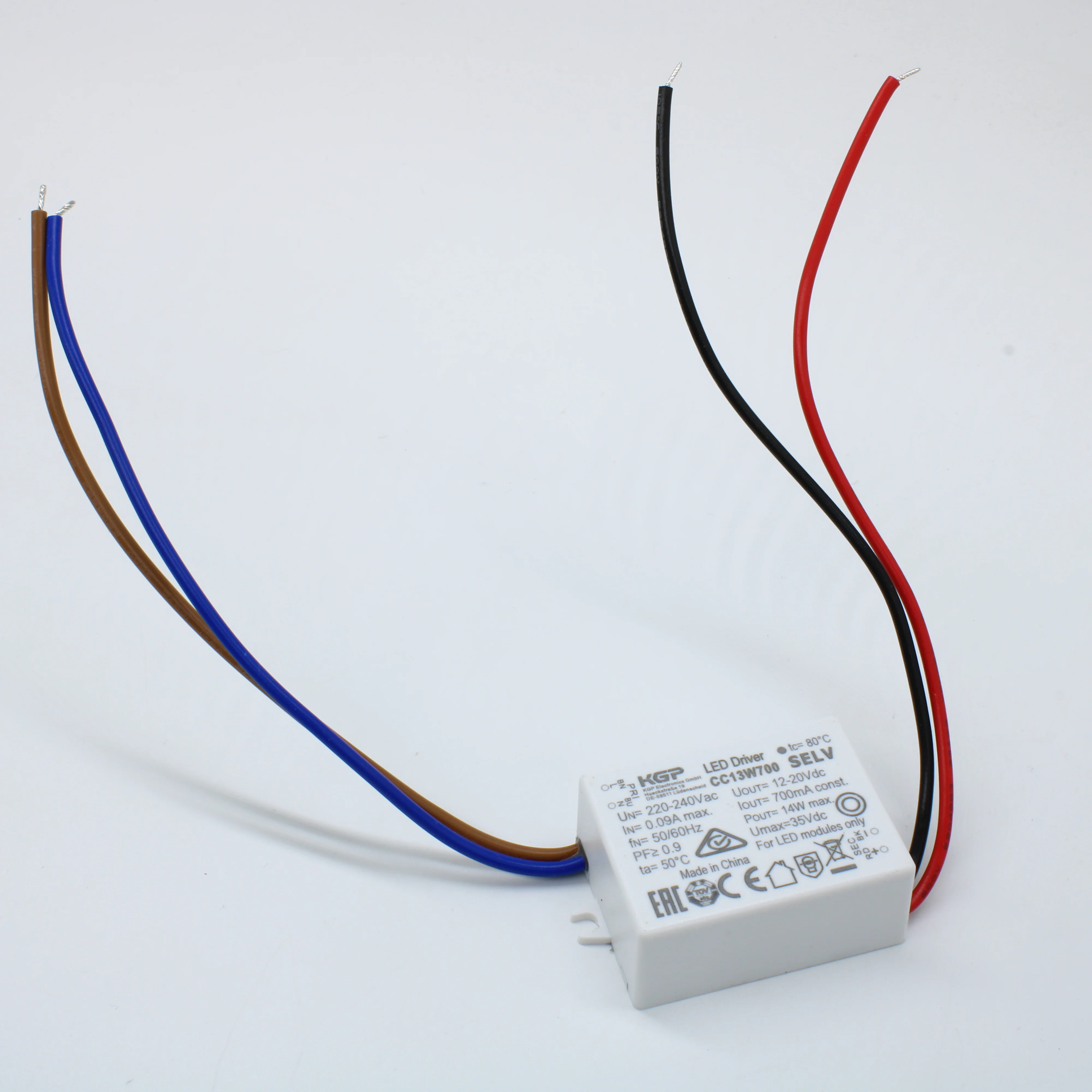 CC13W700 - AC-DC, 13Вт, токовый выход, вход 198…264В AC, выход 700мА/12…20В, ККМ, в кожухе 48х36х20мм, -20…+50°С