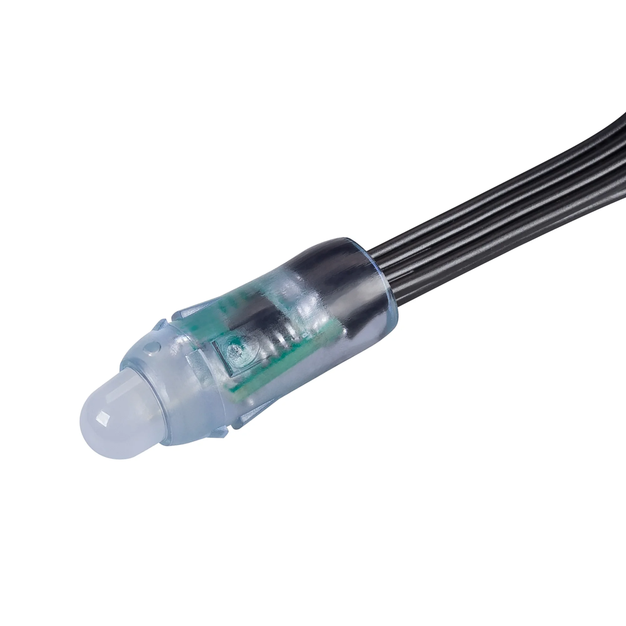 Герметичный управляемый модуль DMX-UVR-D12 12V RGB (0.3W, IP67, 90deg) 043451 - Управляемый светодиодный модуль DMX, цвет свечения RGB, микросхема UCS512, напряжение 12 В, мощность 0.3 Вт, 1 светодиод DIP 8 мм, угол 90°. 50 шт на проводе, расстояние между