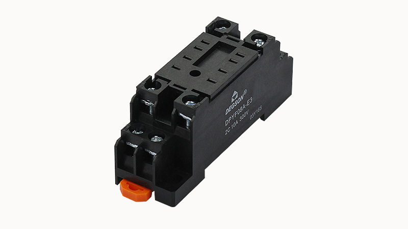 Колодка для реле DPYF08A-E3 - Колодка для реле DRPE-2CH, 10A, 300V, фиксация провода: с вилочным наконечником с защитой от прикосновения, пластик, цвет: черный, монтаж на DIN рейку