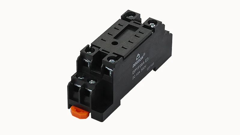 Колодка для реле DPYF08A-E3 - Колодка для реле DRPE-2CH, 10A, 300V, фиксация провода: с вилочным наконечником с защитой от прикосновения, пластик, цвет: черный, монтаж на DIN рейку