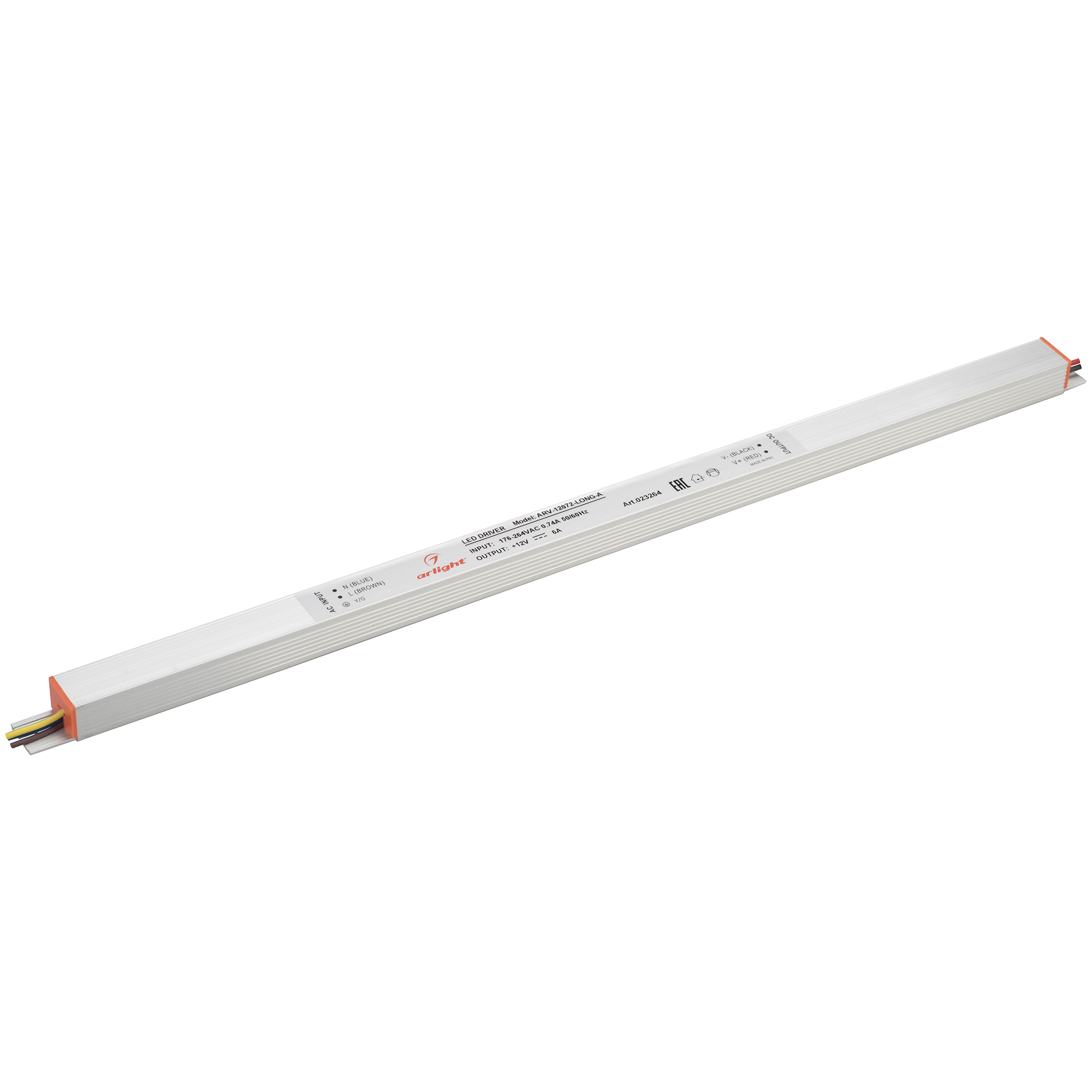 Блок питания ARV-12072-LONG-A (12V, 6A, 72W) 023264 - Источник напряжения с гальванической развязкой для светодиодных изделий. Входное напряжение 200-240 VAC. Выходные параметры: 12 В, 6 А, 72 Вт. Встроенный PFC >0,5. Негерметичный алюминиевый корпус IP 2