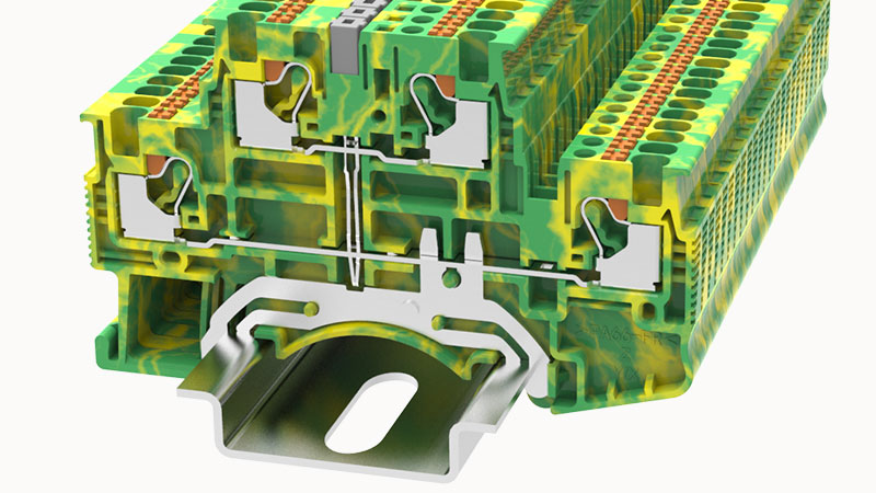 Клемма этажная с заземлением DSKK1.5-PE-01P-1C - Этажная клемма, с заземлением, тип фиксации провода: Push-in, номинальное сечение: 1.5 мм кв., 17,5A, 500V, ширина: 3,5 мм, цвет: серый, втычная перемычка, тип монтажа: DIN35