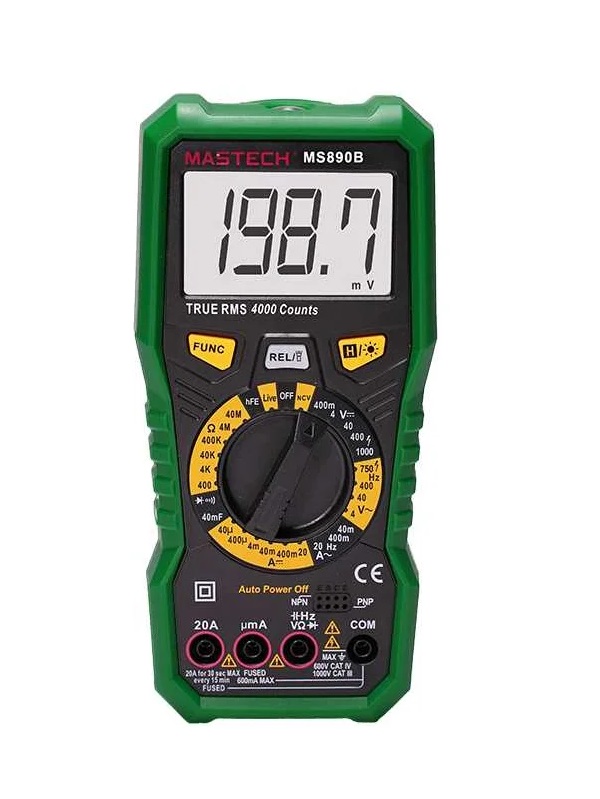 MS890B - Мультиметр цифровой с TrueRMS, тест светодиодов, NCV, hFE, детектор фаза/ноль, переменный и постоянный ток до 20А, емкость до 40000мкФ, фонарик
