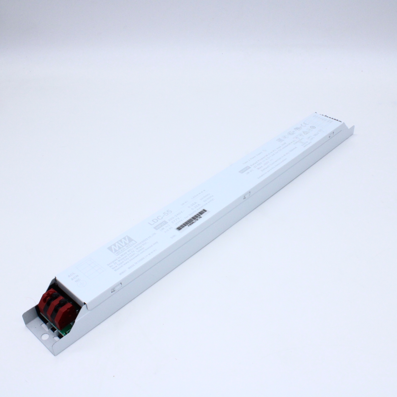 LDC-55 - AC-DC, 55Вт, стабилизатор тока, вход 180…295В AC, 47…63Гц, выход 500…1600мA/27…56В, ККМ, изоляция 3750В AC, в кожухе 320х30х21мм, -25…+80°С, NTC вход