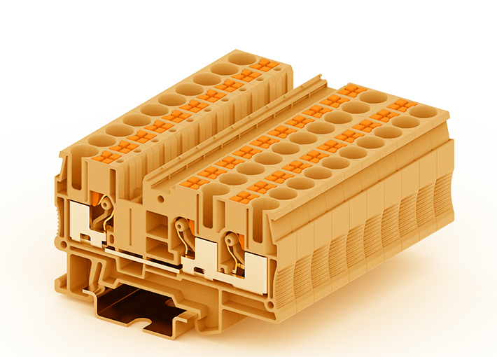 Проходная клемма TP6-3-OG - Проходная клемма, 3 точки подключения, тип фиксации провода: push-in, номинальное сечение: 6 мм кв., 41A, 1000V, ширина: 8,2 мм, цвет: оранжевый, тип монтажа: DIN 35